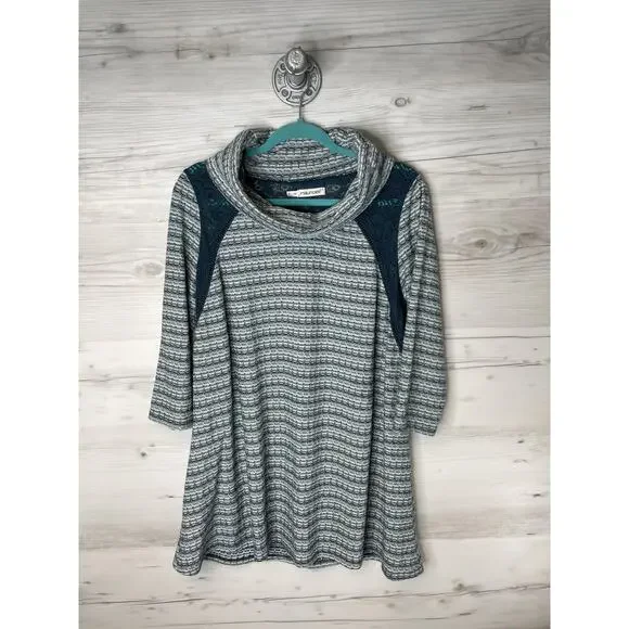 Maurices Shirt Womens 1X Gray Teal Cowl Neck Tunic 3/4 Sleeve Lace Inset Knit - Picture 1 of 10